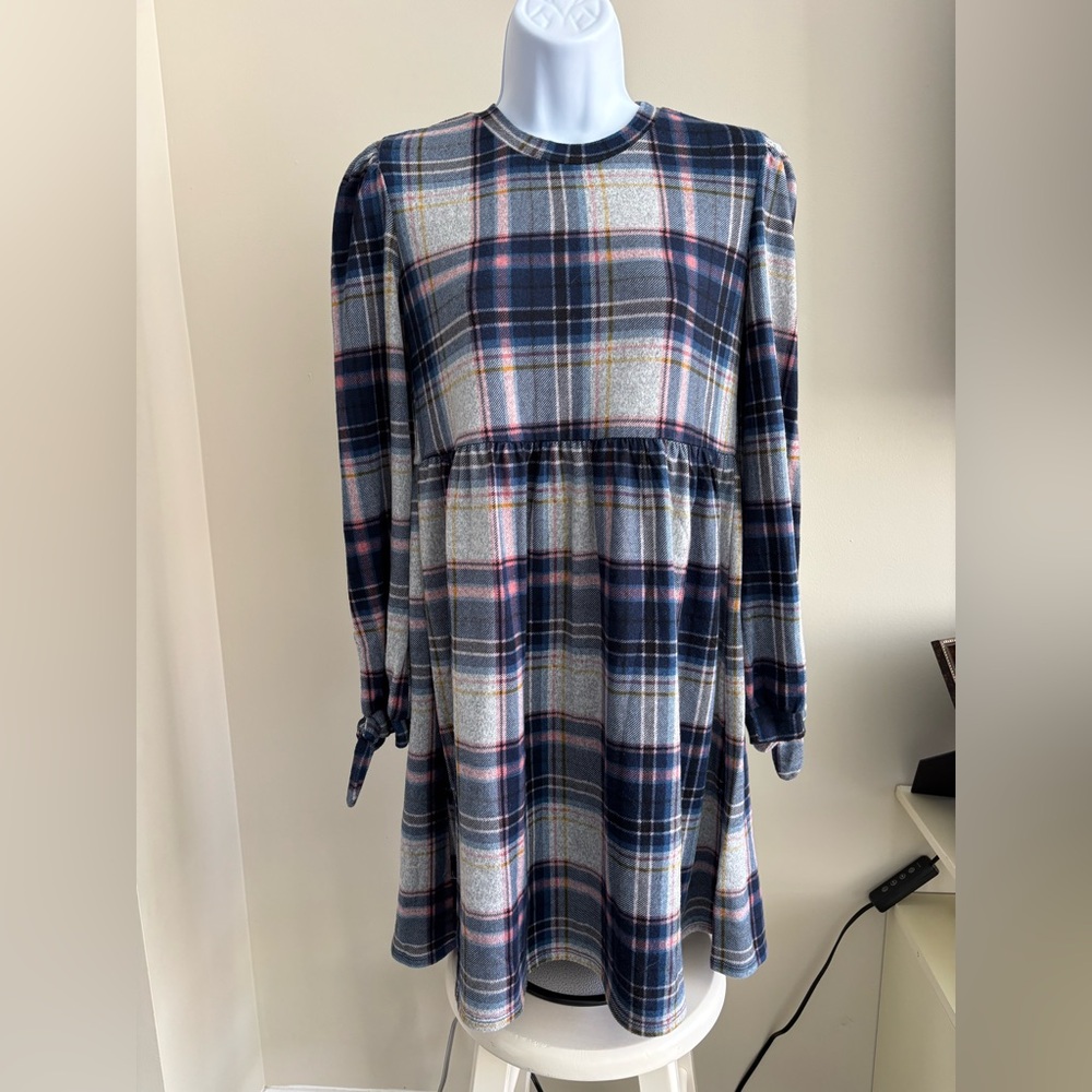 NWOT Knitworks Navy, Pink & Grey Plaid Long-Sleeve Girls Dress